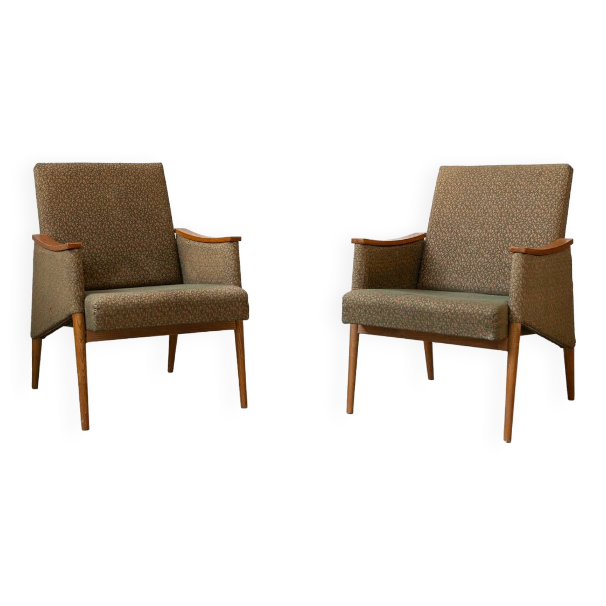 Pair of vintage armchairs in oak and embossed fabric, with old republished certificate of authenticity