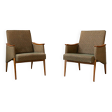 Pair of vintage armchairs in oak and embossed fabric, with old republished certificate of authenticity