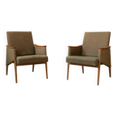Pair of vintage armchairs in oak and embossed fabric, with old republished certificate of authenticity