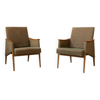 Pair of vintage armchairs in oak and embossed fabric, with old republished certificate of authenticity