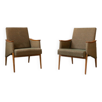 Pair of vintage armchairs in oak and embossed fabric, with old republished certificate of authenticity