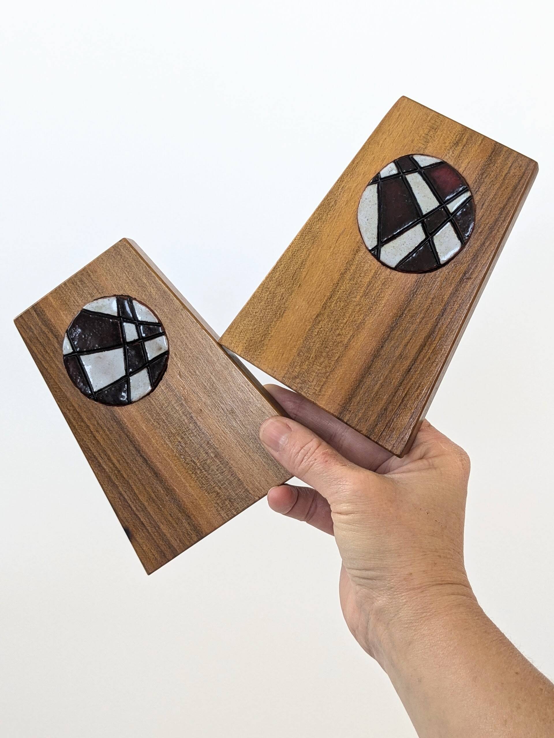 1960s Bookends | Set of 2 | Wood, Ceramic & Brass