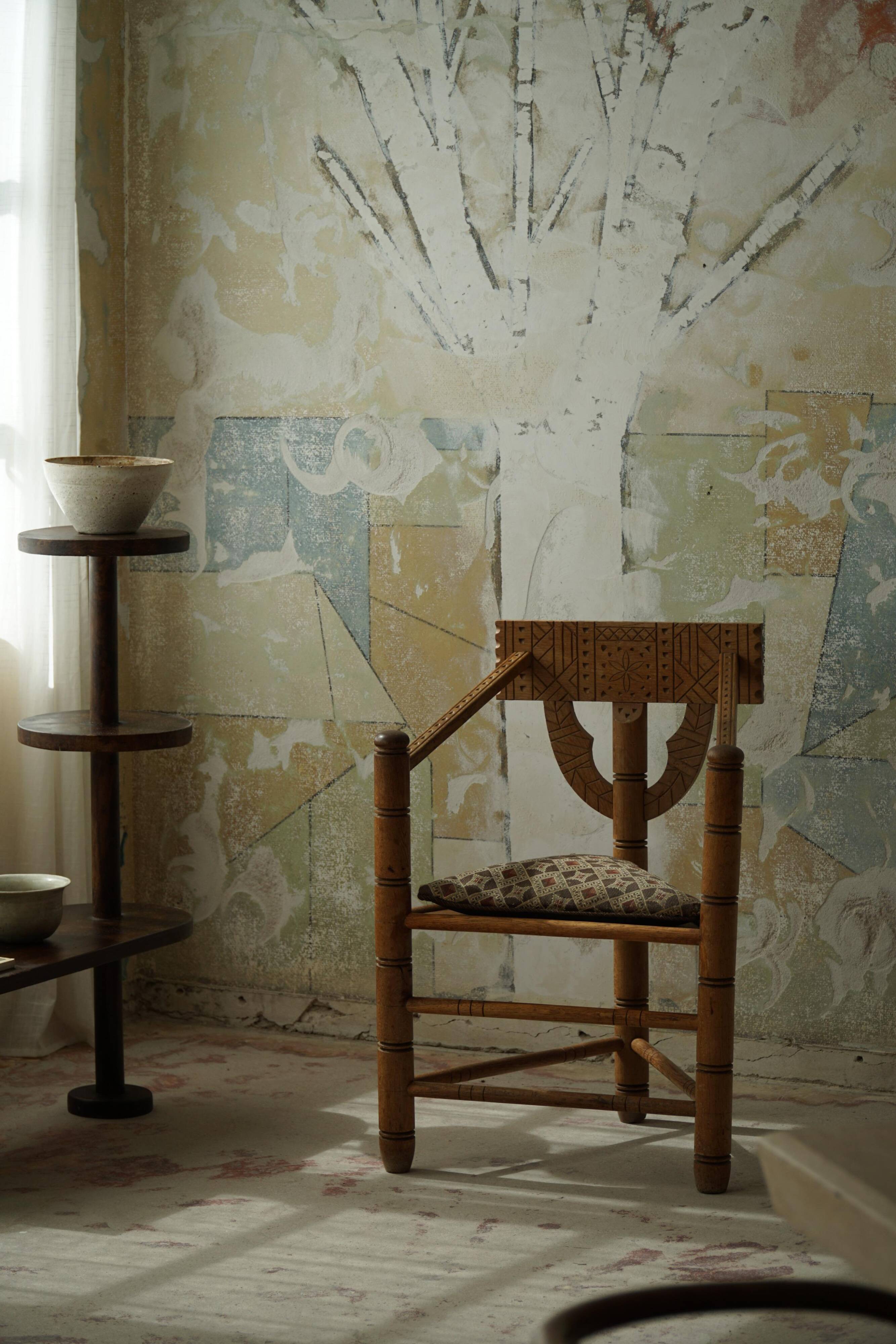 Carved monk's chair in solid oak, Wabi Sabi, Swedish, early 20th century.