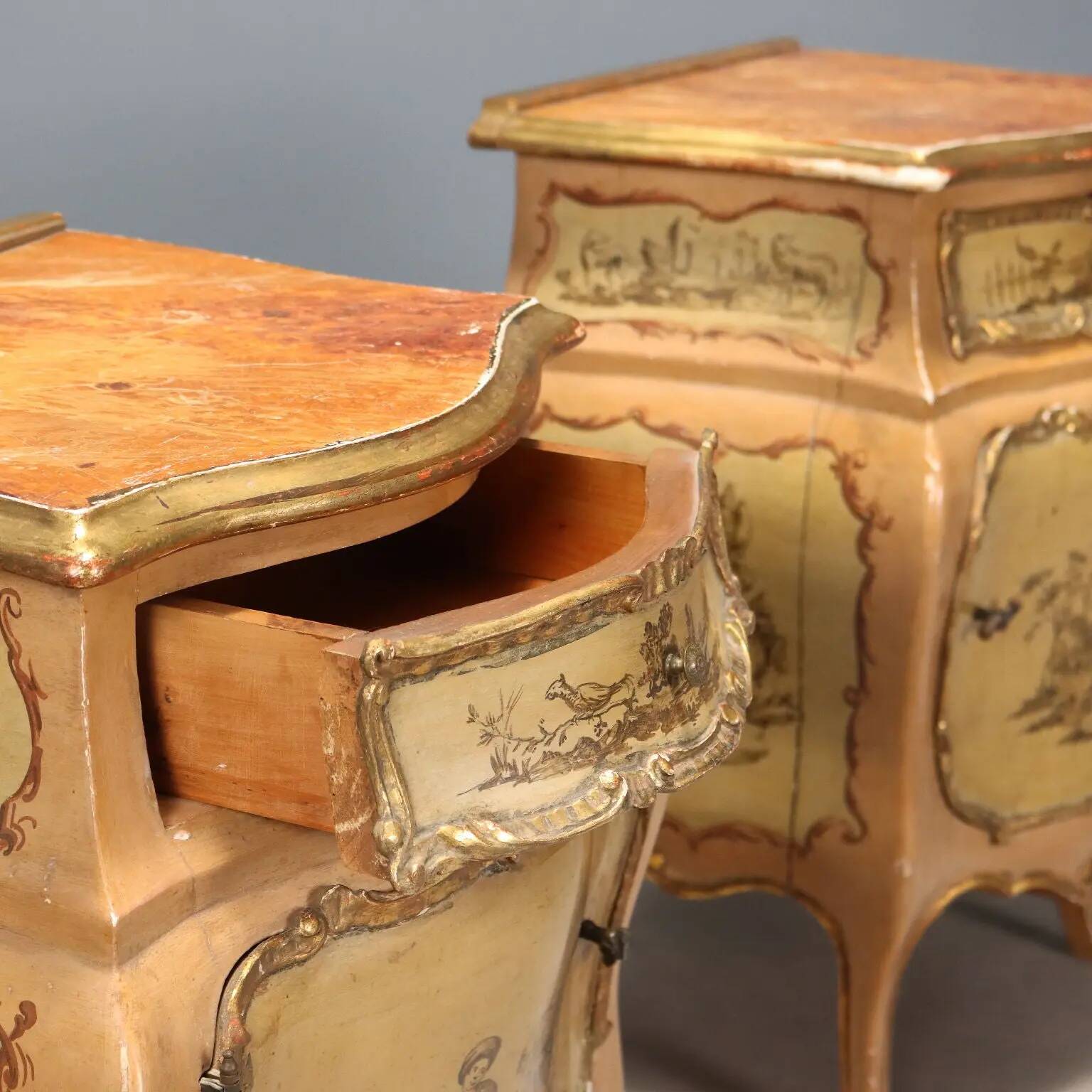 Antique bedside tables in Baroque style, wooden, Italy, 20th century.