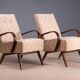 Restored bentwood armchairs by Jaroslav Šmídek, pair, Czechoslovakia, new beige patterned upholstery, 61 × 82 × 81 cm
