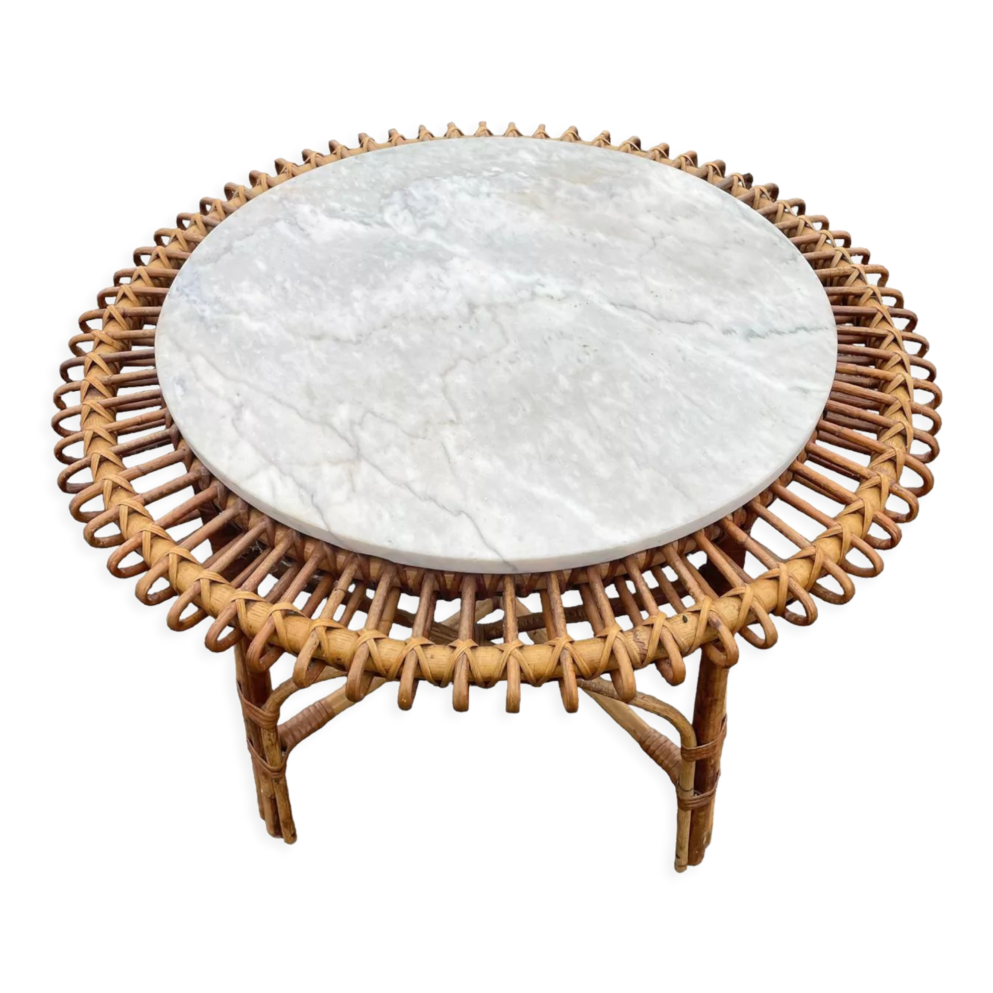 Sun coffee table in rattan and marble from the 50s