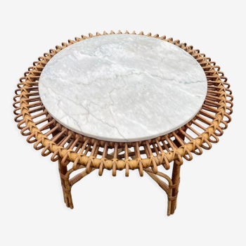 Sun coffee table in rattan and marble from the 50s