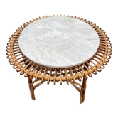Sun coffee table in rattan and marble from the 50s