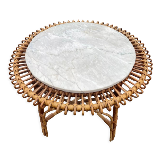 Sun coffee table in rattan and marble from the 50s