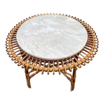 Sun coffee table in rattan and marble from the 50s