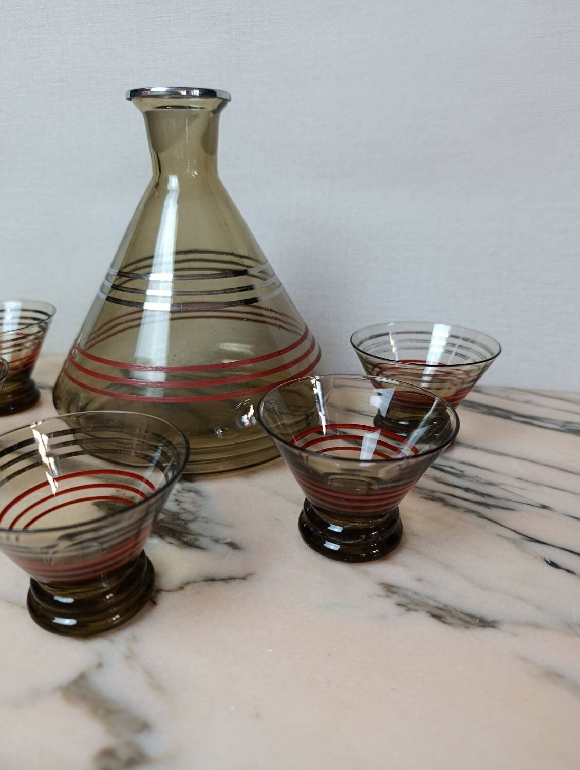 Art Deco liqueur service in smoked glass