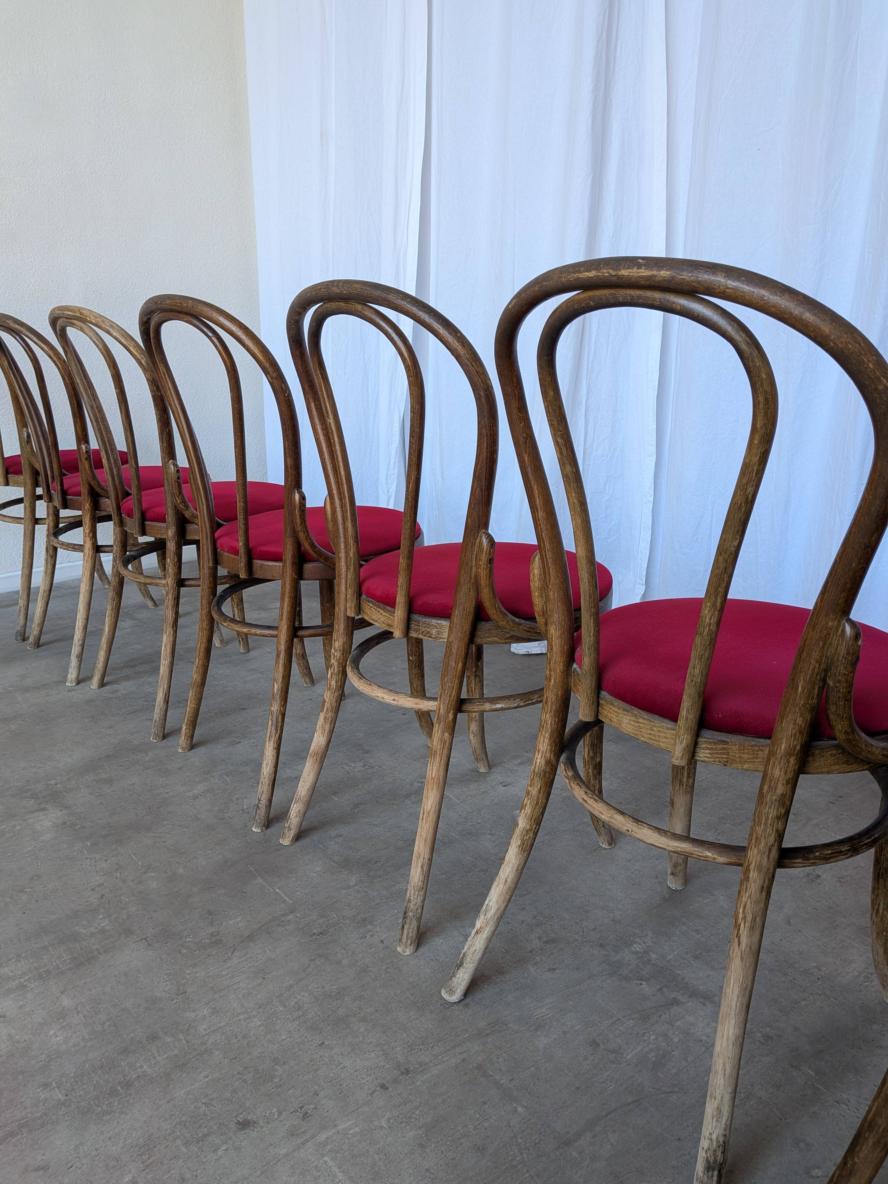 Set of 8 Vintage Bentwood Bistro Chairs: Red Upholstery