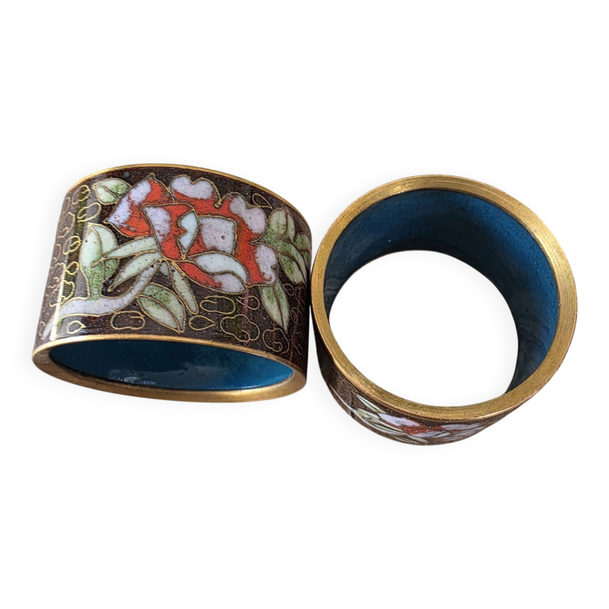 Duo de ronds de serviette vintage en émail cloisonné chinois