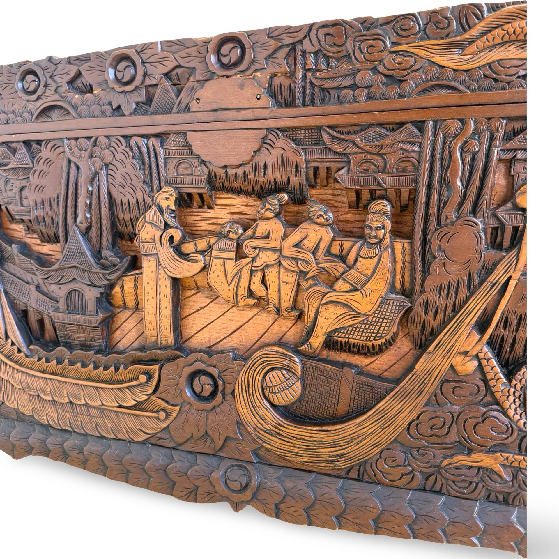 Antique Chinese Carved Export Chest – Dragon, Phoenix & Landscape Deco