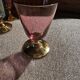 6 iridescent colored crystal liqueur glasses with gold stems / art-deco