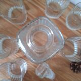 Ribbed whiskey glasses and decanter