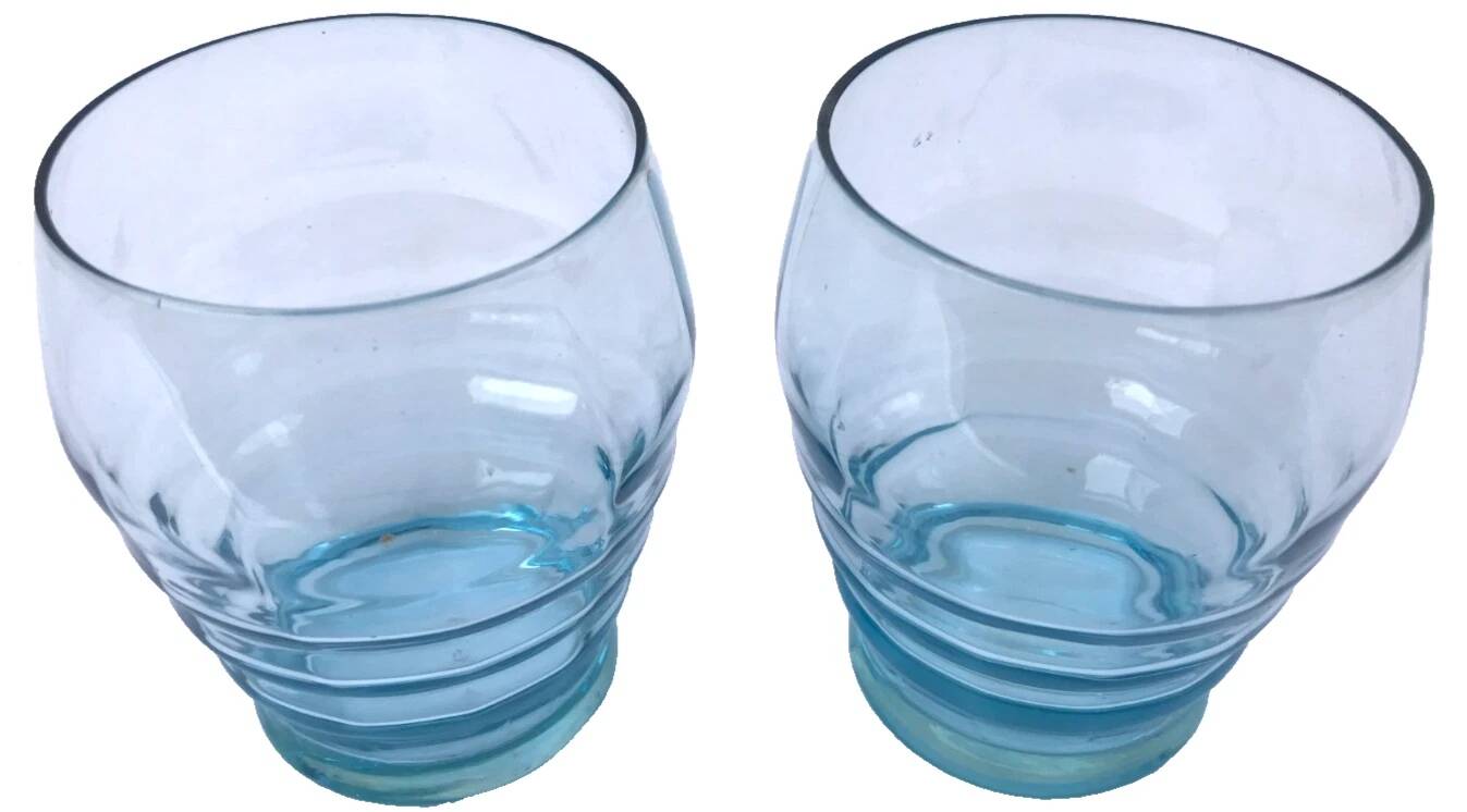 Art Deco 1930s 2 glasses Transparent turquoise blue glass