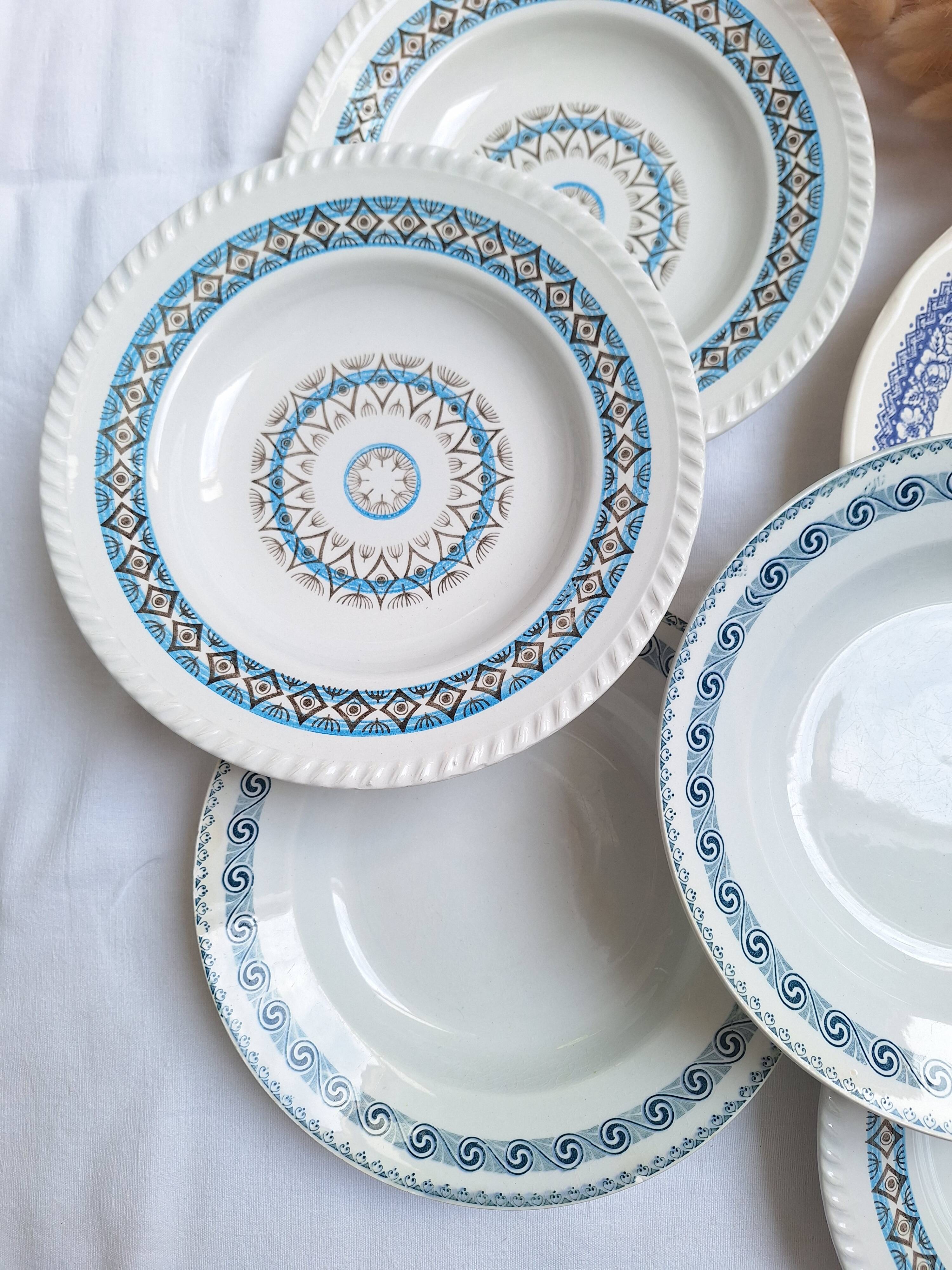 St Amand blue soup plates, Ironstone