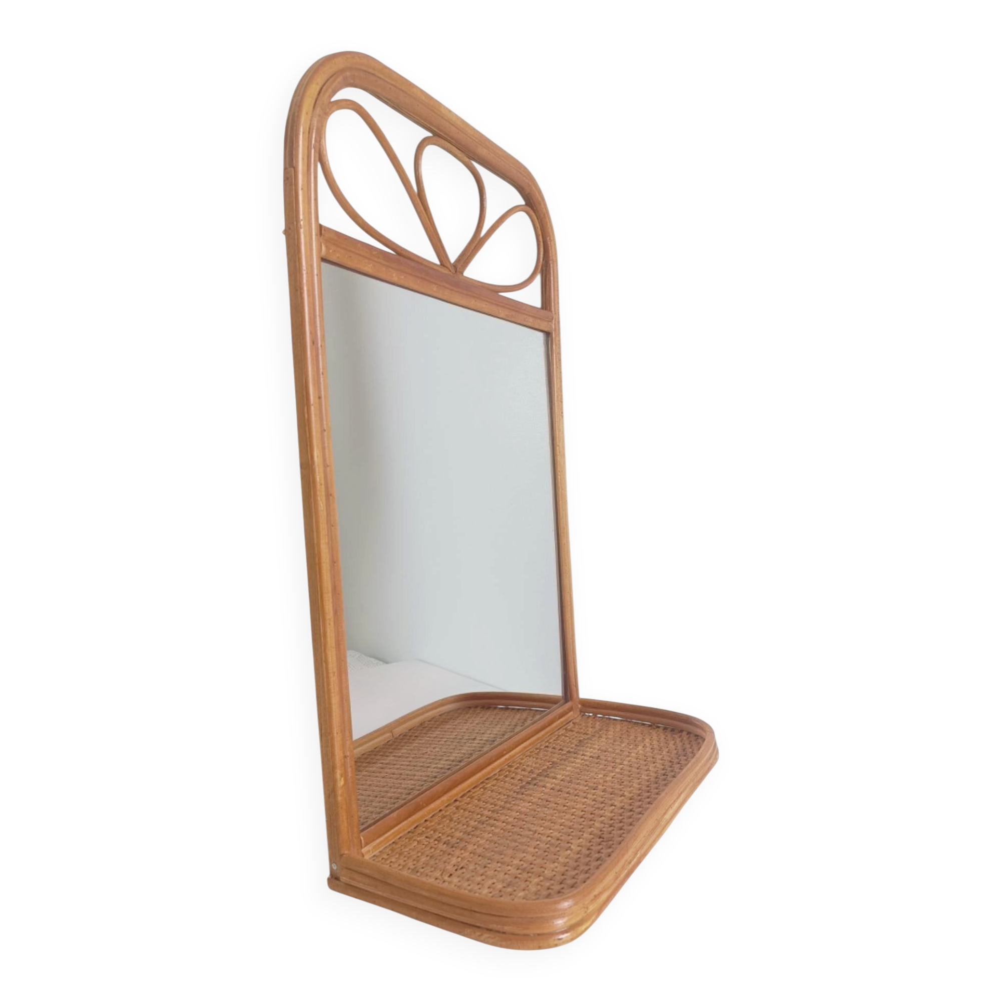 Mid Century French Riviera Rattan and Wicker Mirror With Shelf, Spain, 1960s–70s