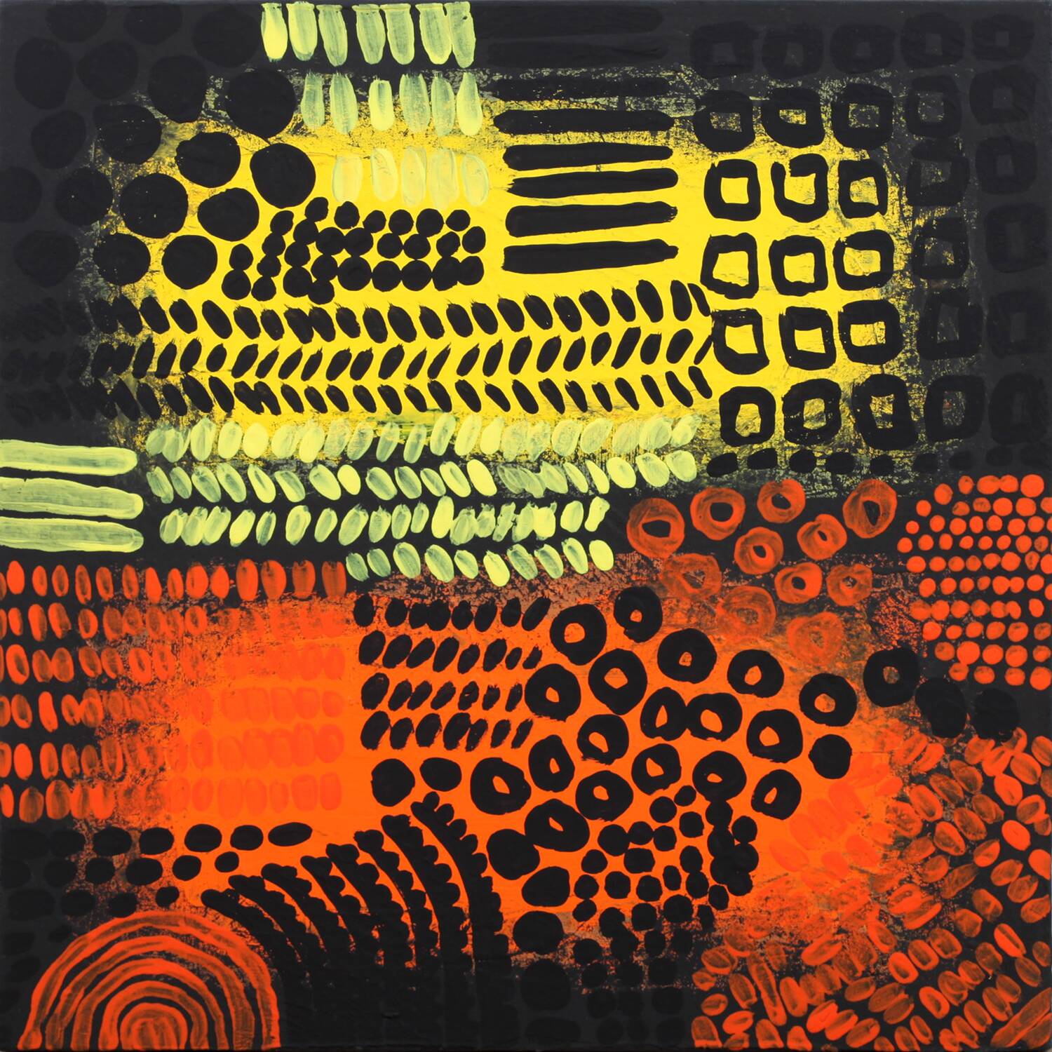 Orange, black and yellow abstract acrylic painting on stretched canvas