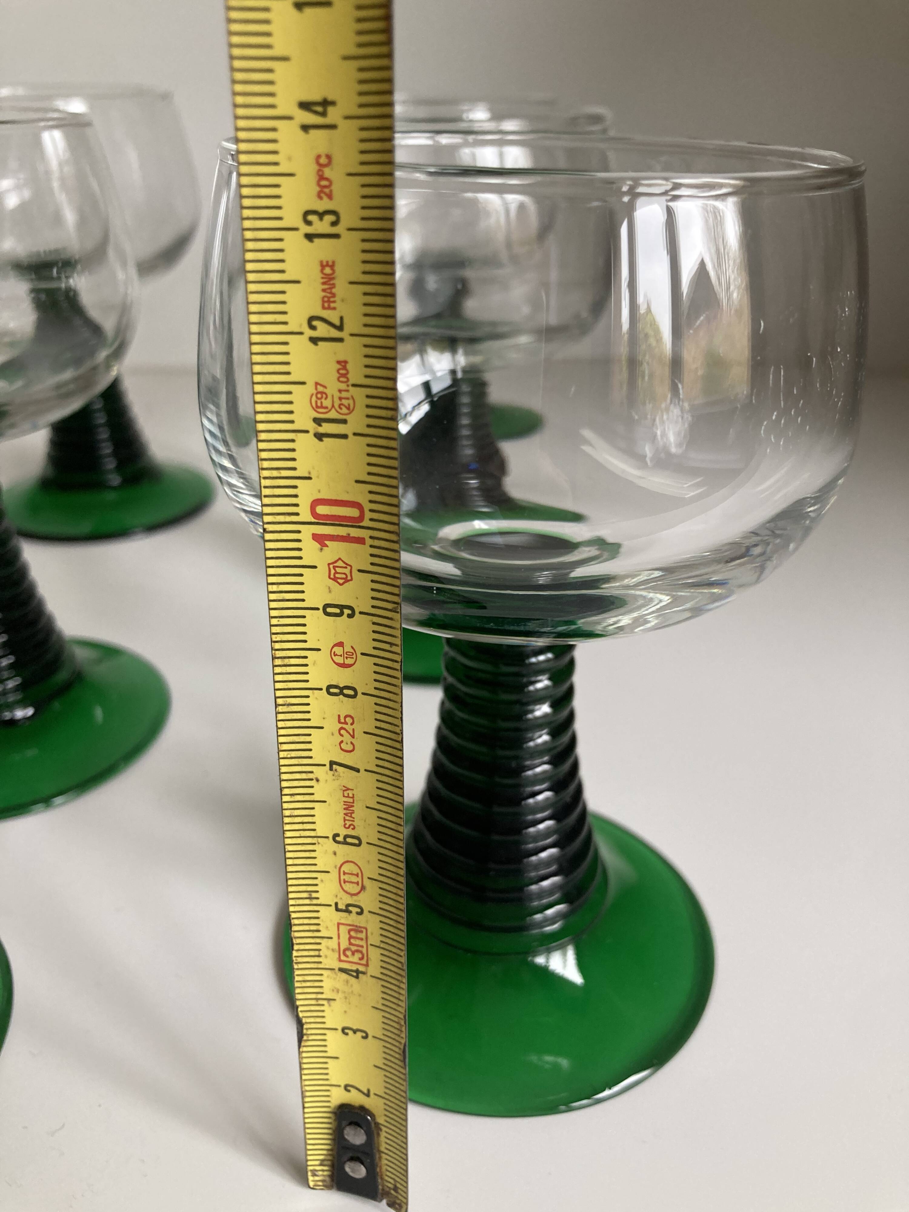 6 Vintage Green Wavy Stemmed Glasses