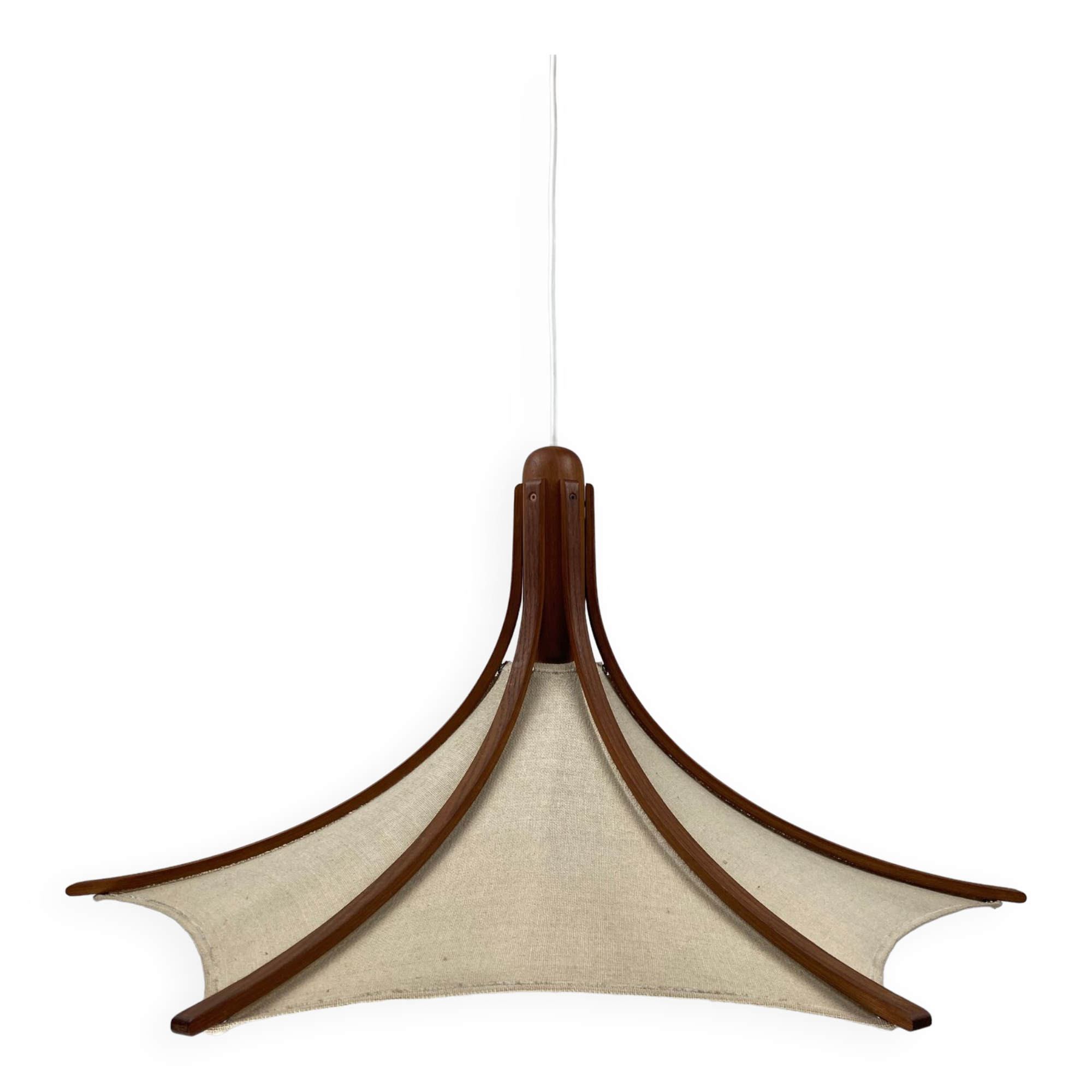 Teak and linen umbrella pendant by Domus, 1970s