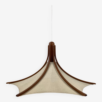 Teak and linen umbrella pendant by Domus, 1970s