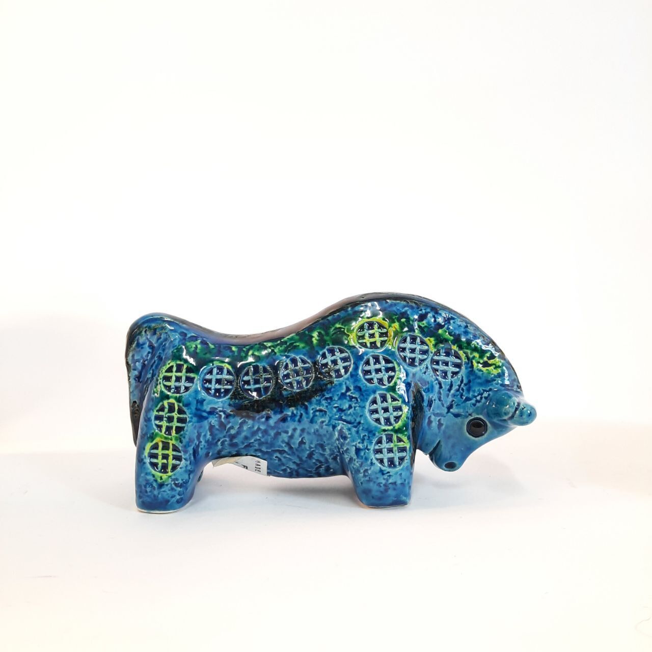 Vintage bull statue, Aldo Londi for Bitossi, Rimini blue series