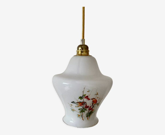 Suspension globe vintage en opaline dessins d'oiseaux