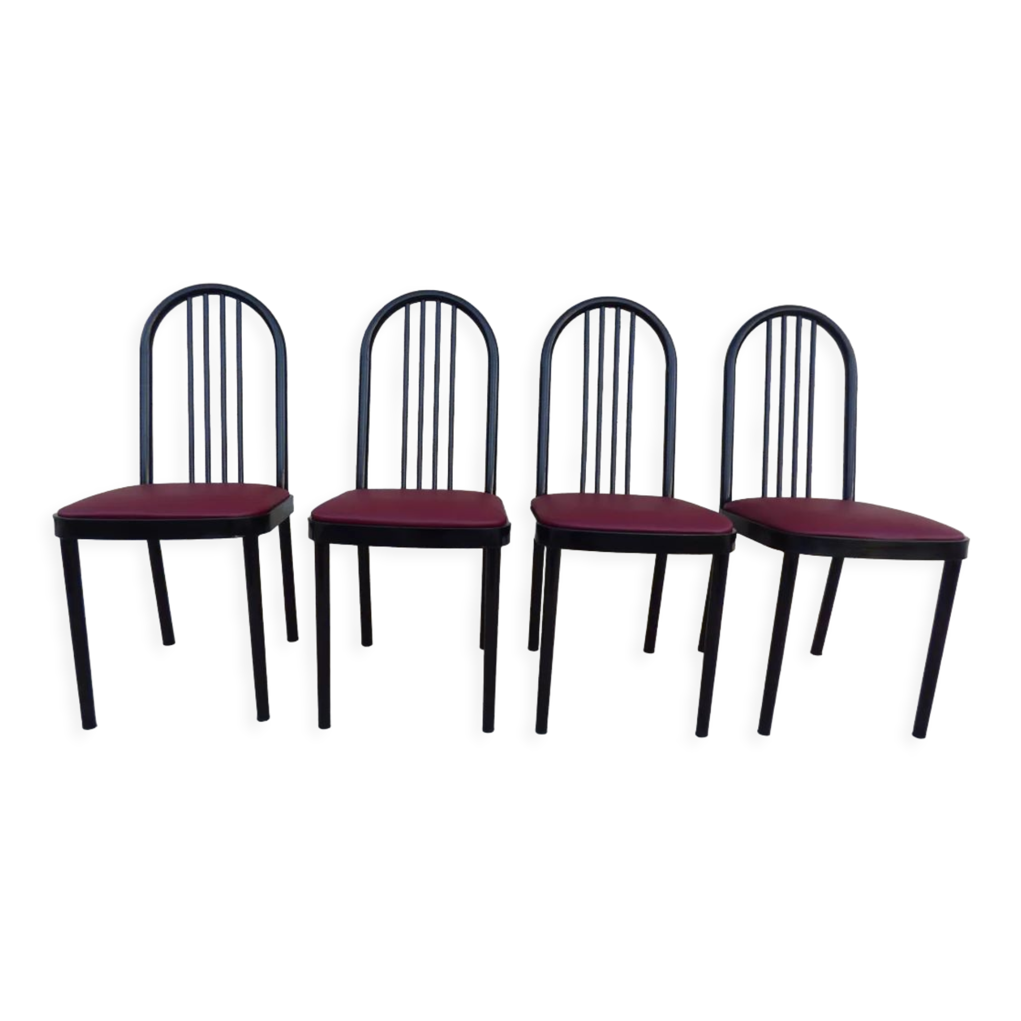 4 metal chairs with burgundy imitation leather seats from the Souvignet brand