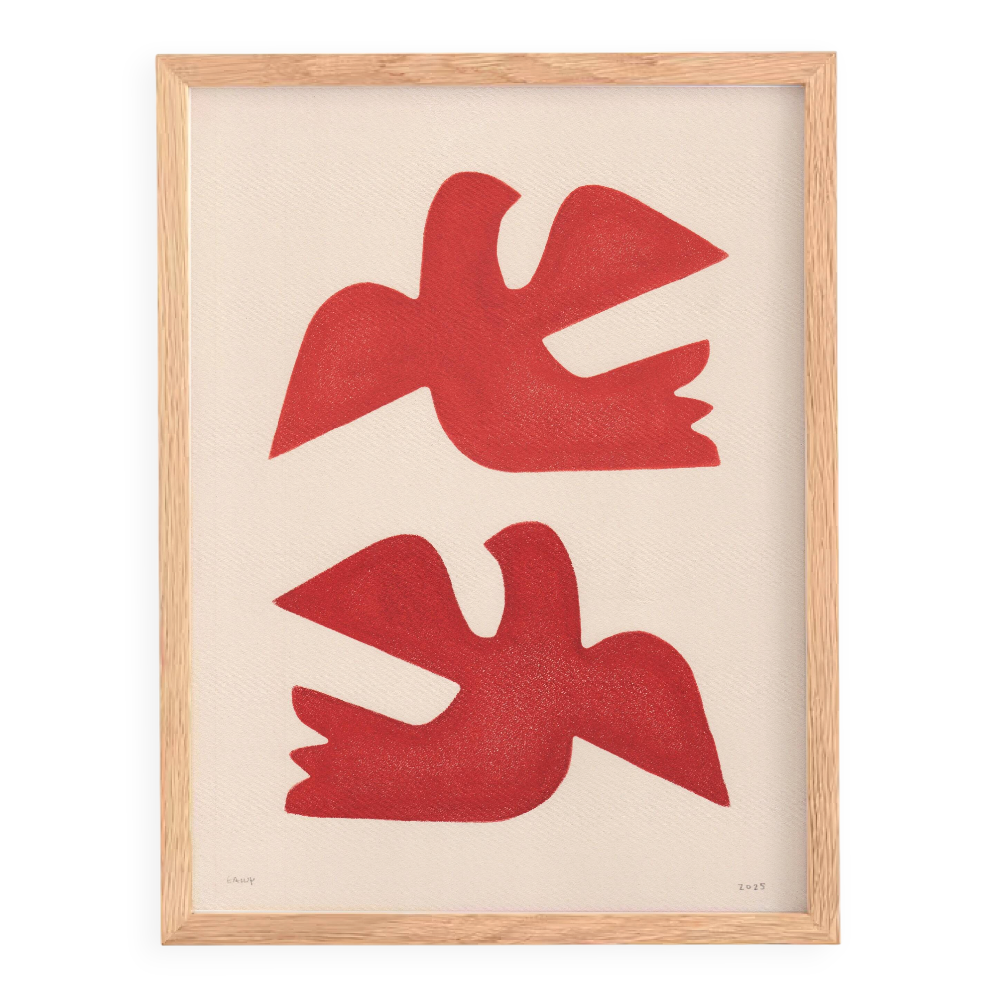 Birds painting 30x40cm red illustration signed Eawy