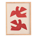 Birds painting 30x40cm red illustration signed Eawy