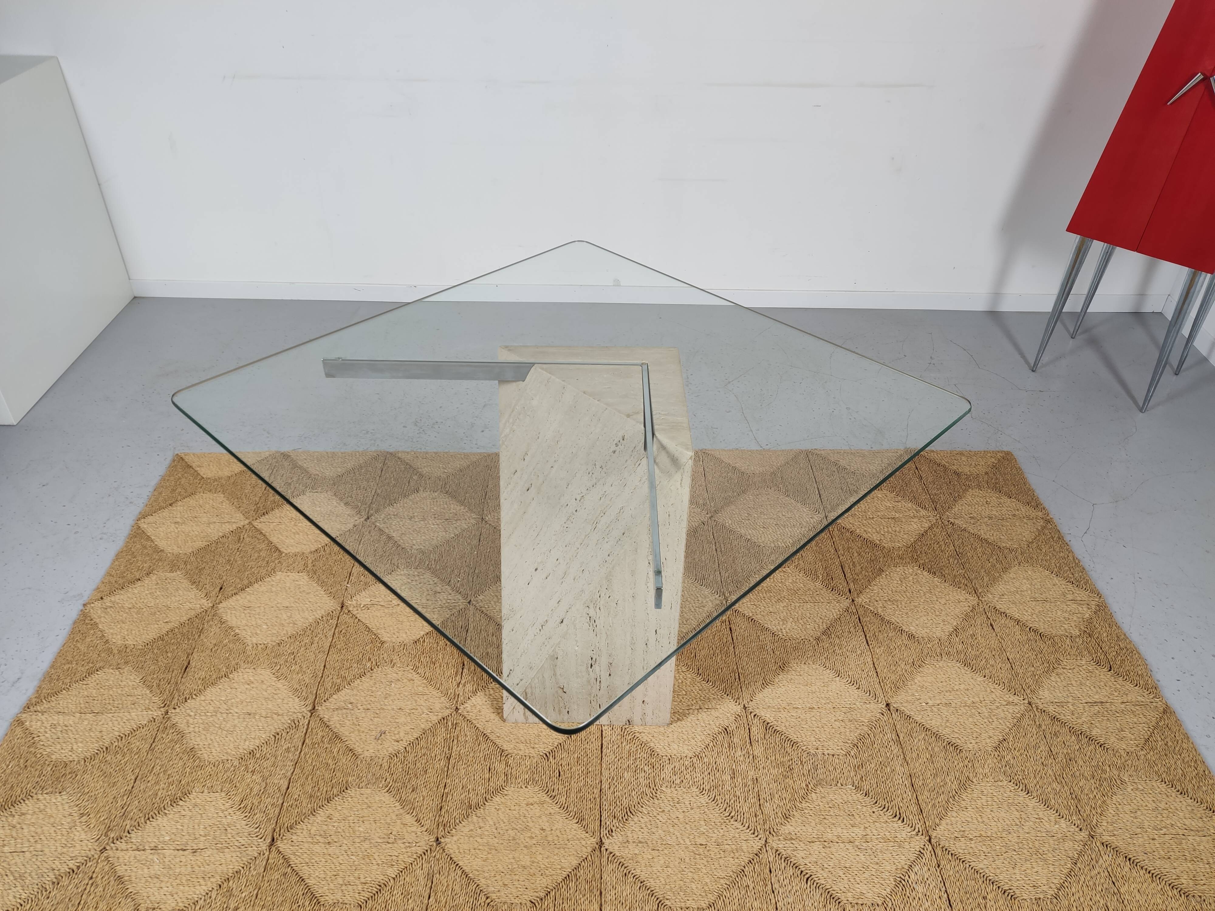 square dining table in travertine and glass , 80s