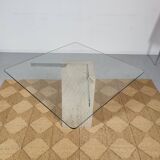 square dining table in travertine and glass , 80s