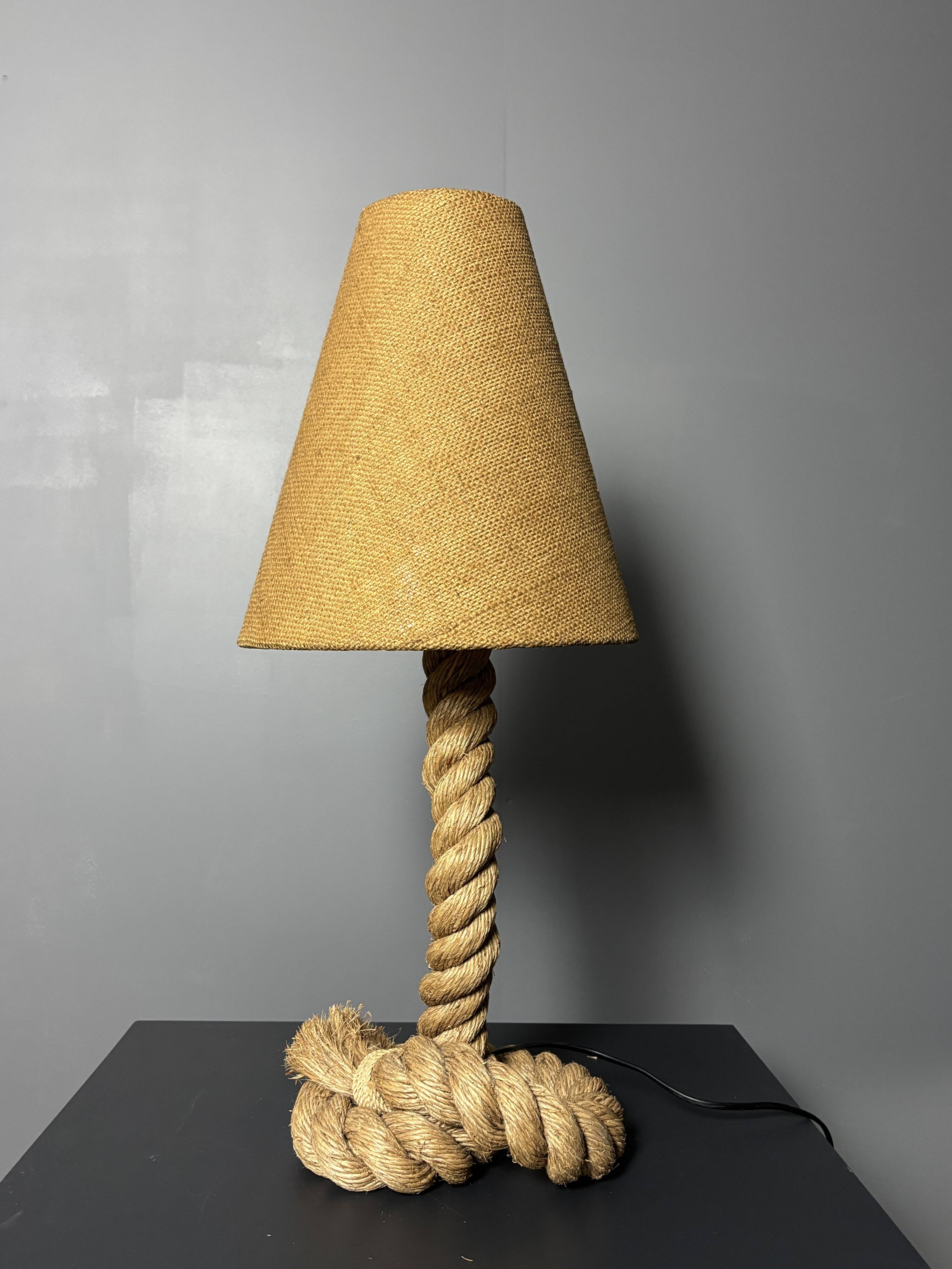 Midcentury French brutalist rope table lamp in the style of Audoux & Minet