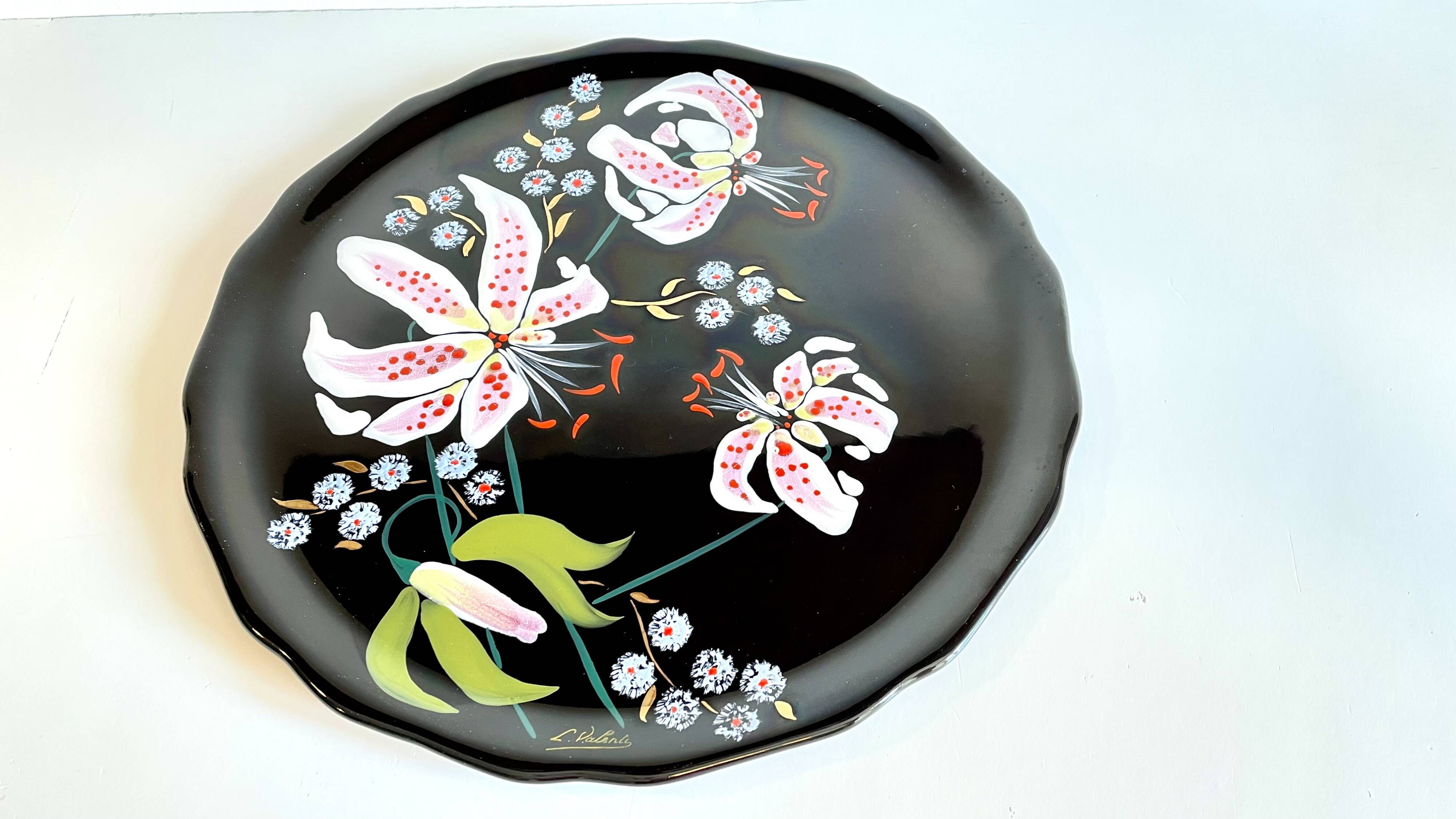 LONGWY PLATTER WITH LILIES signed L. VALENTI