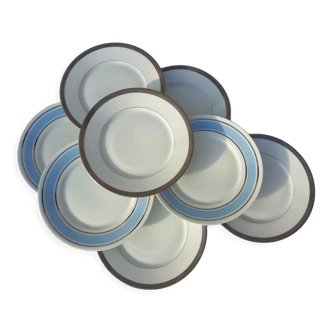 Set of 8 Paulhat porcelain plates and CP blue and bronze