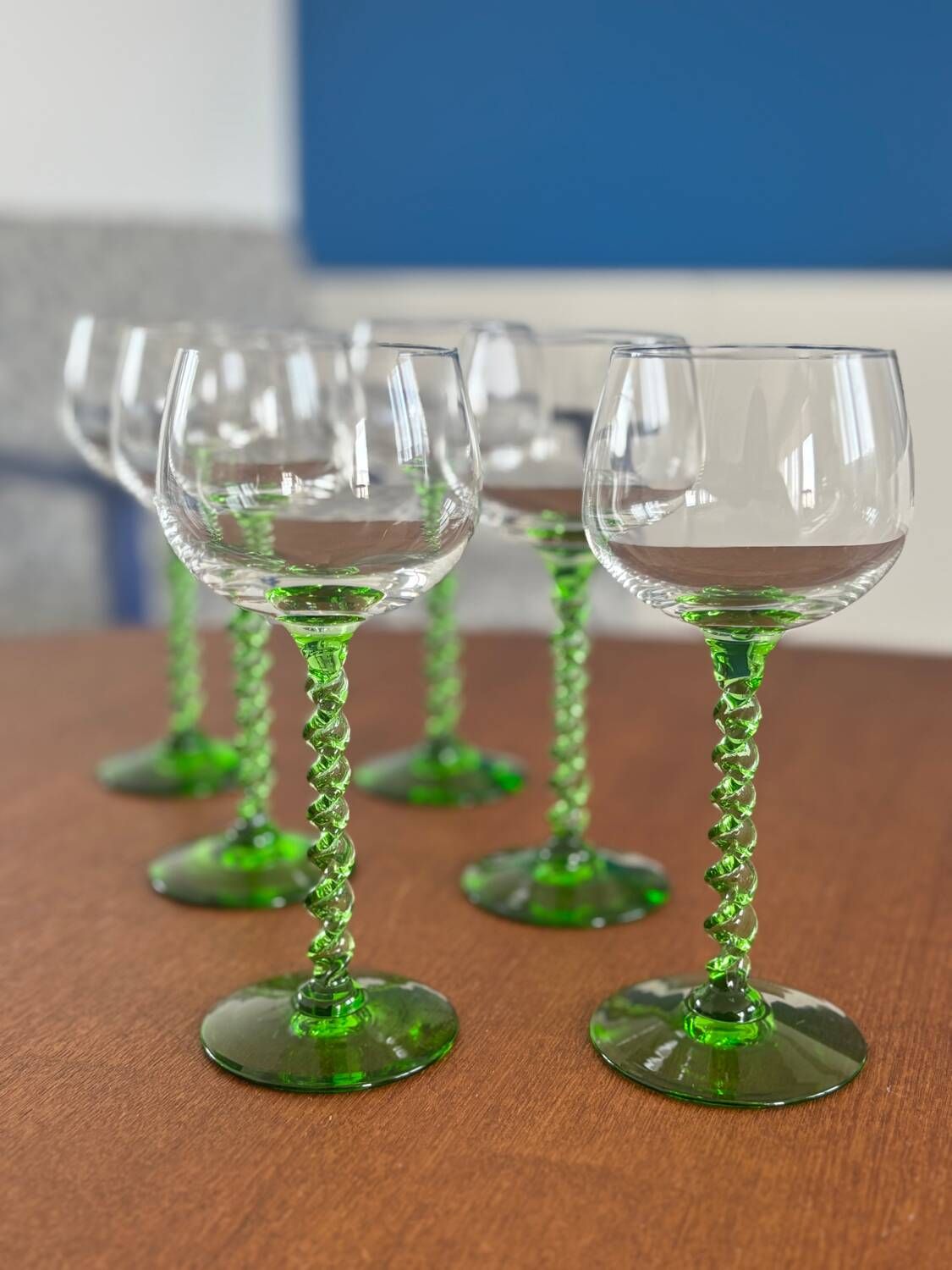 Alsatian white wine glass with a twisted green stem - vintage French stemmed glass