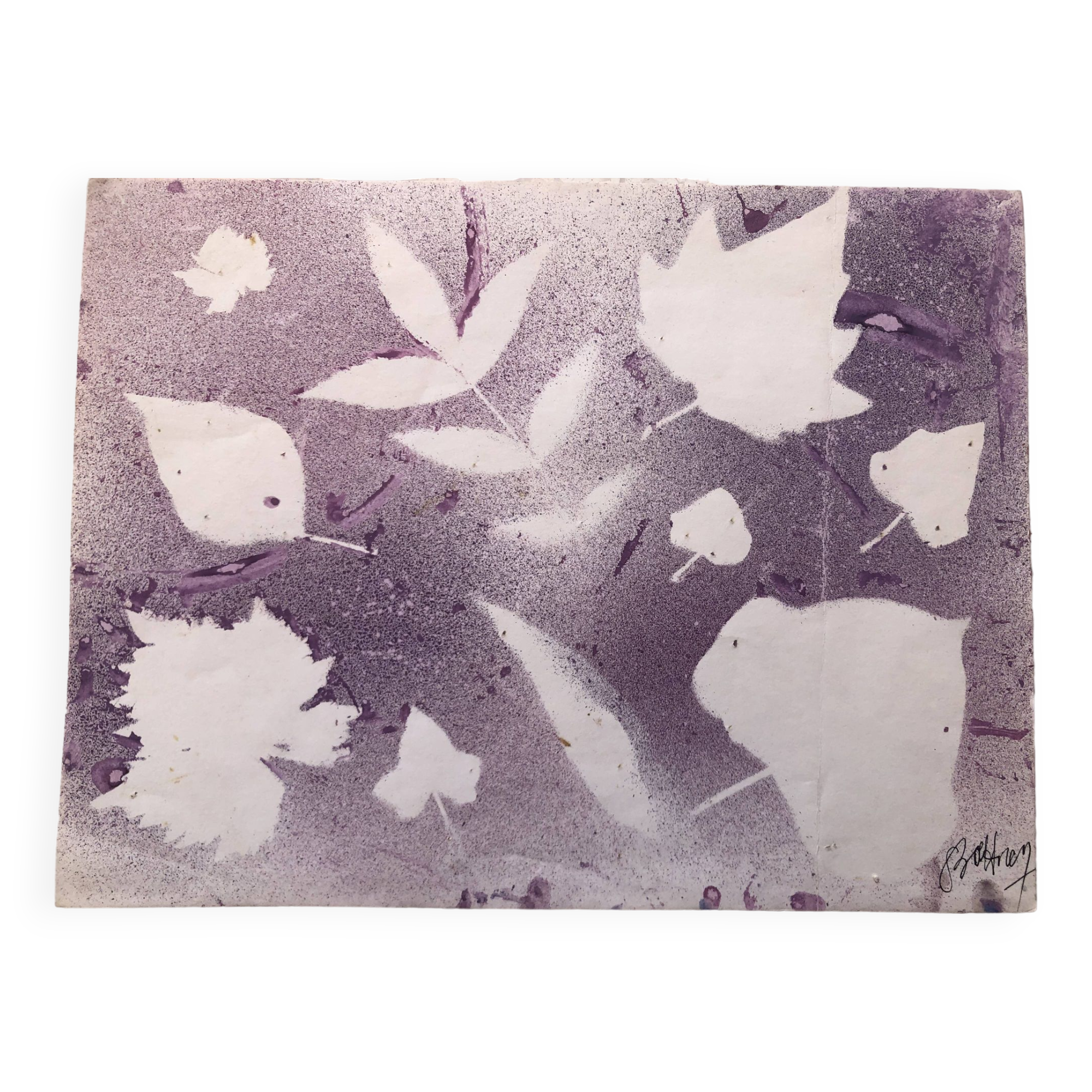 Purple acrylic paint with leaves stencil on paper, signed boettren or boettner? contemporary