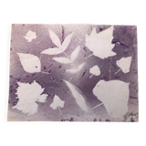 Purple acrylic paint with leaves stencil on paper, signed boettren or boettner? contemporary