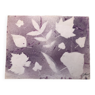 Purple acrylic paint with leaves stencil on paper, signed boettren or boettner? contemporary