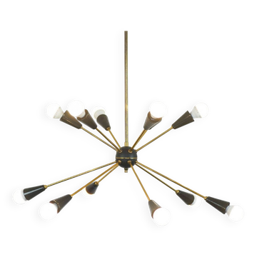 Lampadario Sputnik con 10 punti luce – Ottone e coni nero opaco, Italia, an