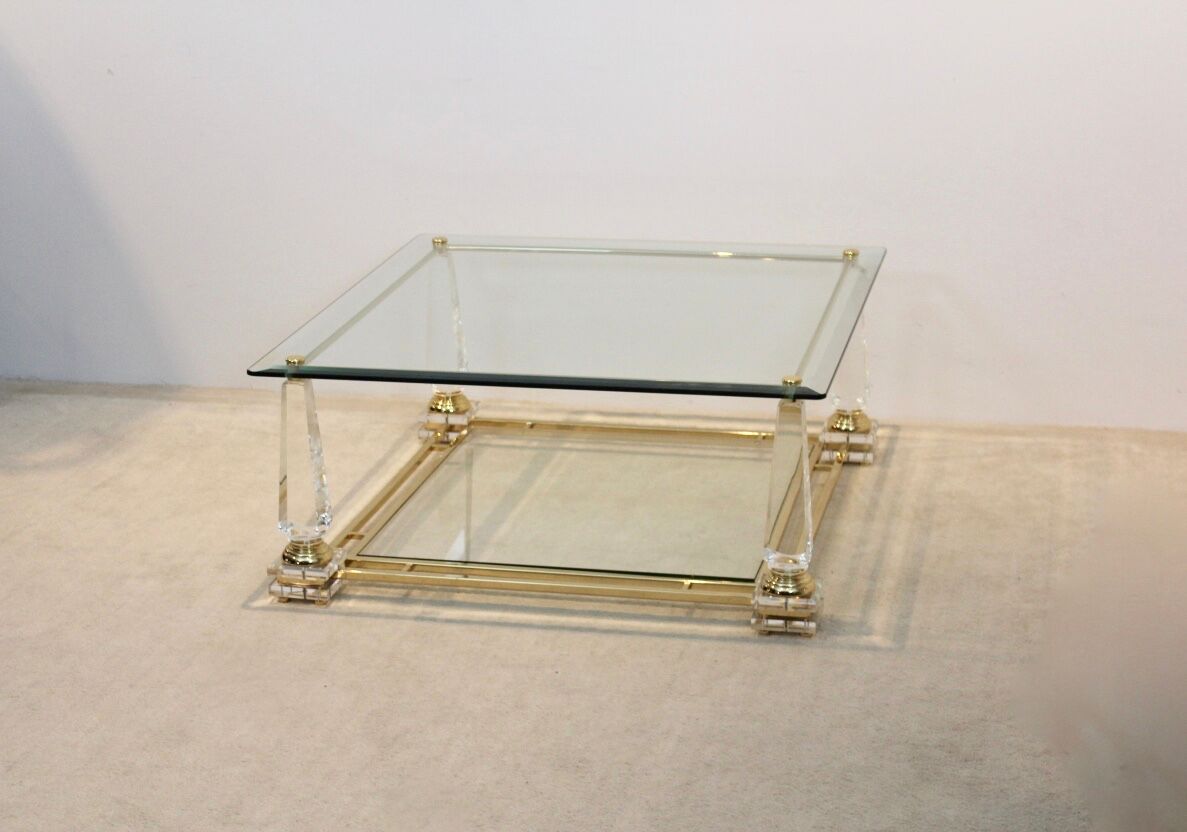 Extraordinary Lucite, Brass and Glass Obelisk Coffee table, 1970s