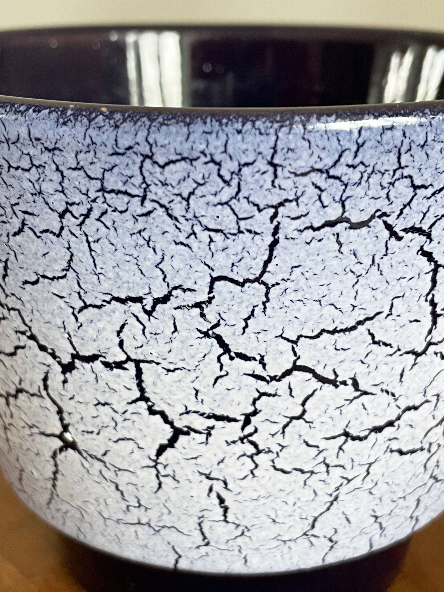 Crackled Reduction Glaze Planter in Blue and White Colours, Vintage Retro Flower Pot