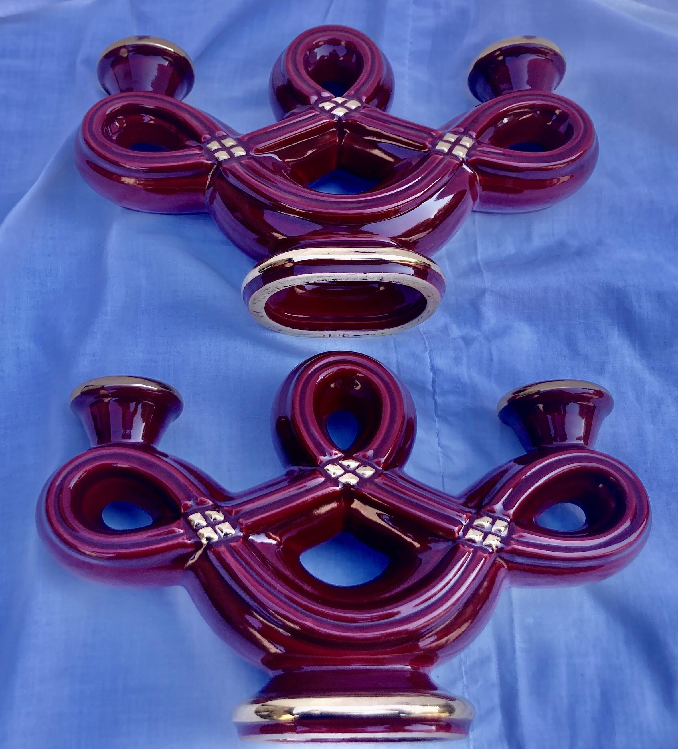 Double Candle Holder Vallauris Vintage Red Burgundy Ceramic Massier Style