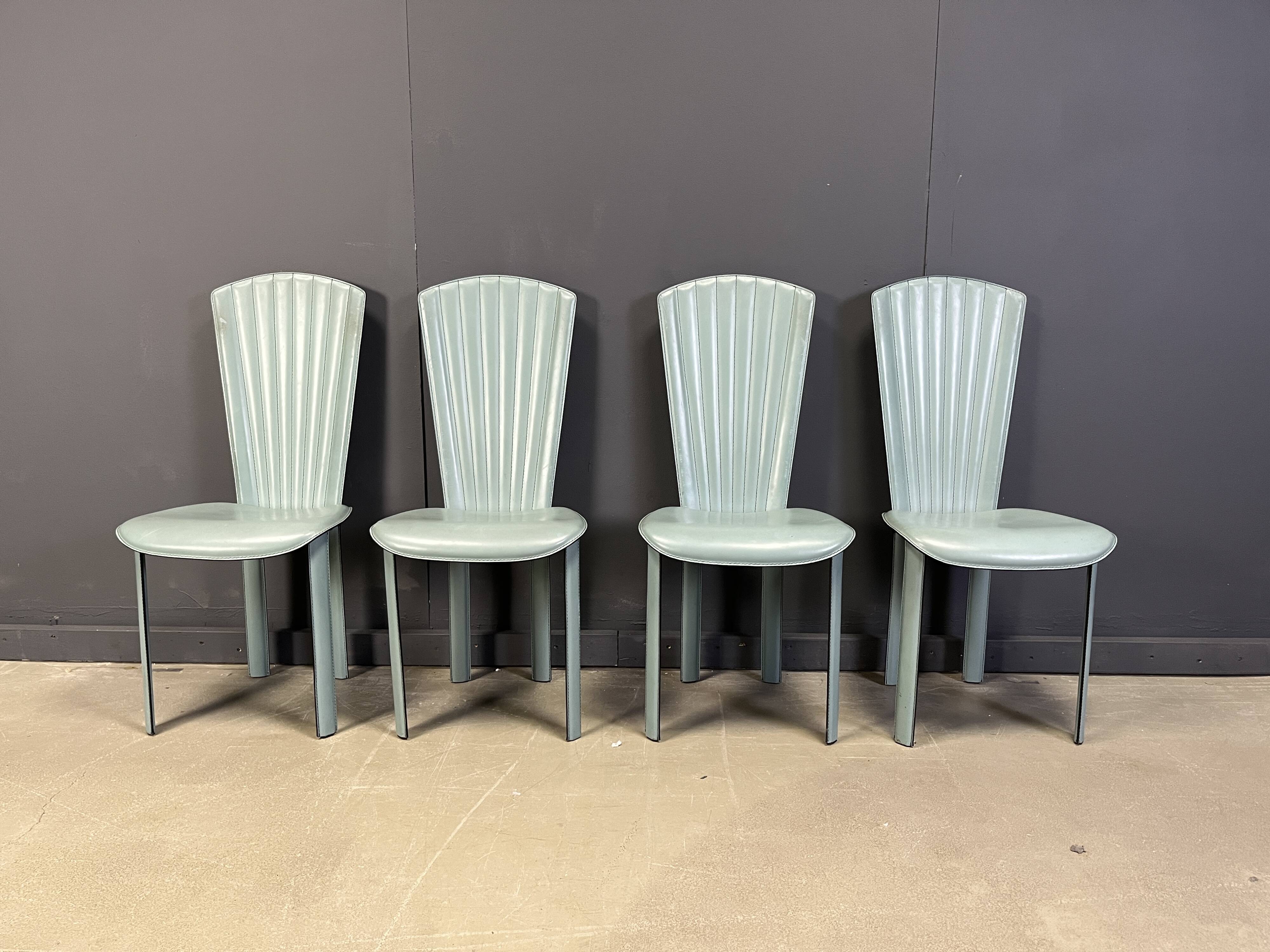 Postmodern green leather dining chairs, 1980s