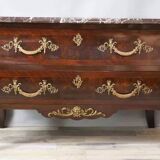 Antique chest of drawers in mahogany, Amboyna burl, red marble and bronze