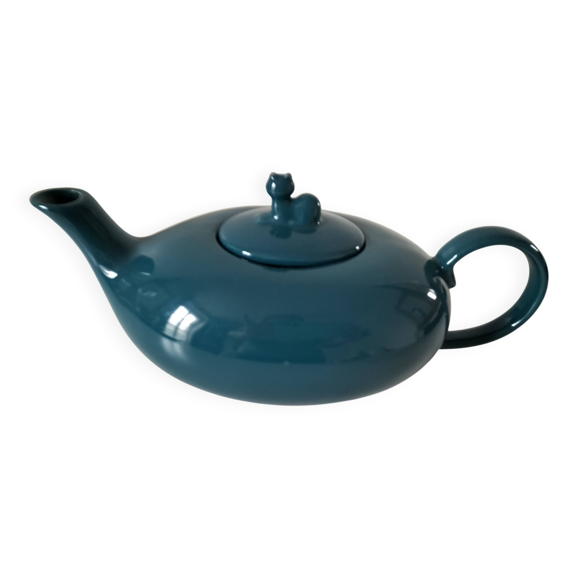 Vintage design teapot – cat model – duck blue glazed ceramic