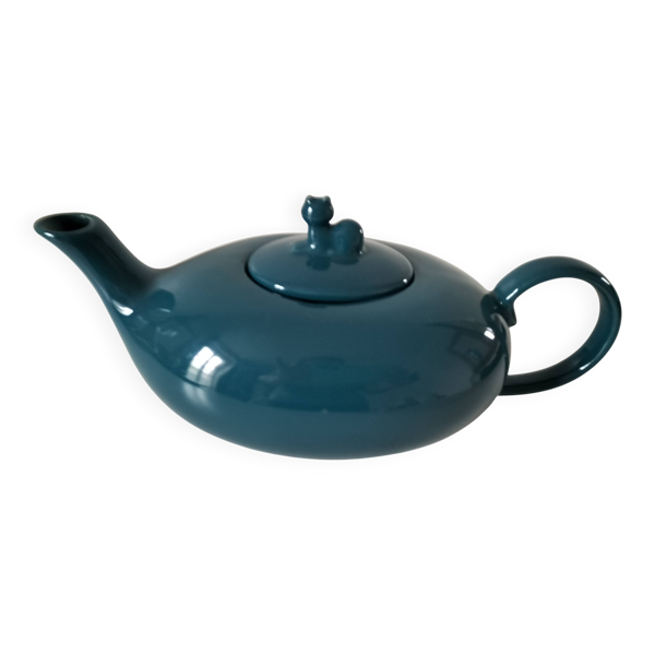 Théière vintage design – modèle chat – céramique émaillée bleu canard