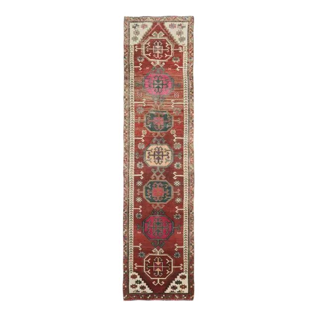 1970s Vintage Turkish Hand-Knotted Wool Cotton Red Runner Rug 90x390